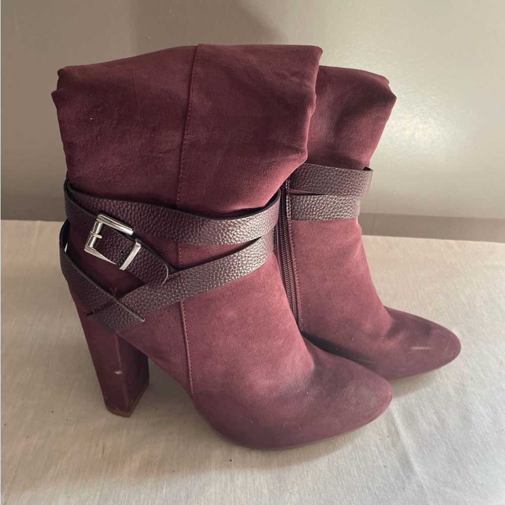 JustFab Burgundy Suede High-Heel Ankle Boots with Buckle Strap